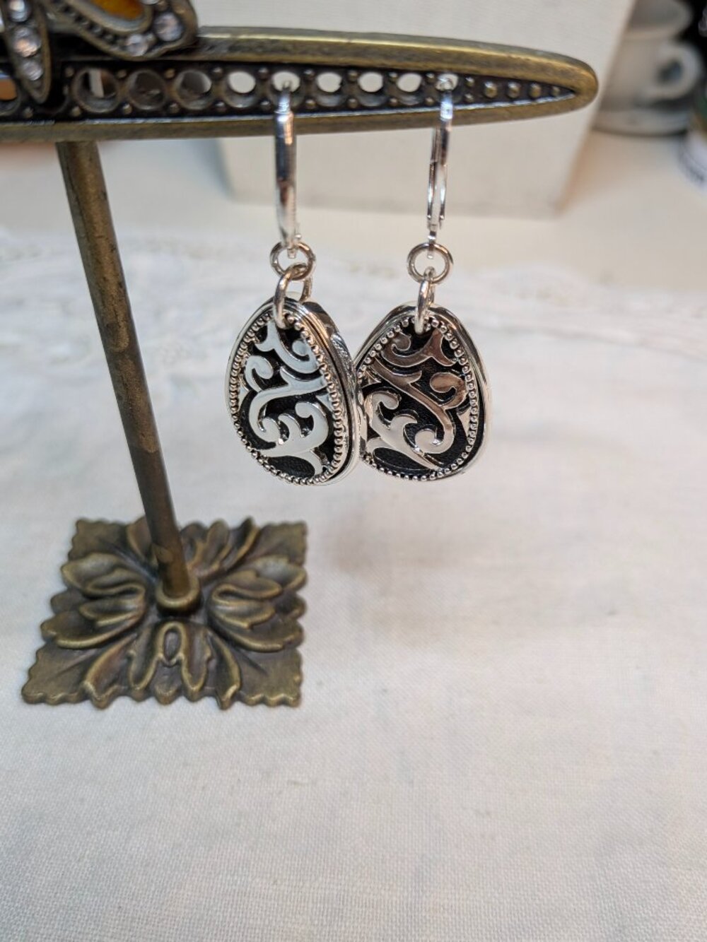 Napier Silver‑Tone Layered Filigree Teardrop Earrings – 2″ Leverback Drop